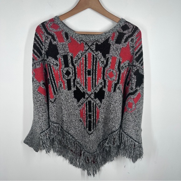 Mossimo Blanket Sweater Poncho Womens Size A/M Fringe Boho Western Grey Red - Picture 2 of 6
